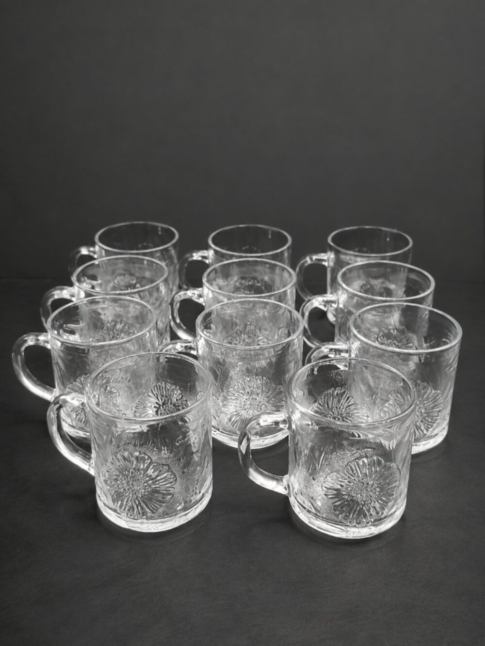 KIG Indonesia Clear Glass Hibiscus & Tropical Leaf Mugs | Vtg Press Glass Set\11
